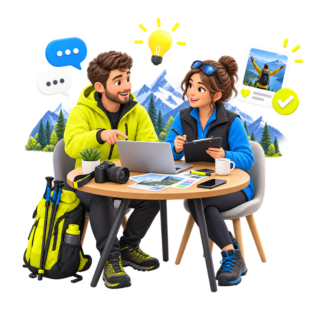 Yannick et la mascotte TCHEU préparant une collaboration autour d’une table en montagne