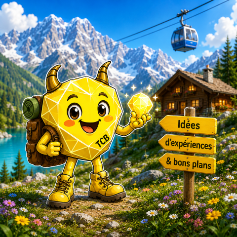 Mascotte TCHEU tenant une pépite devant un panneau Idées d’expériences et bons plans en montagne