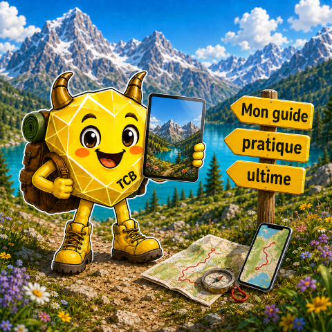 Mascotte TCHEU présentant son guide numérique de randonnée sur une tablette dans les Alpes suisses