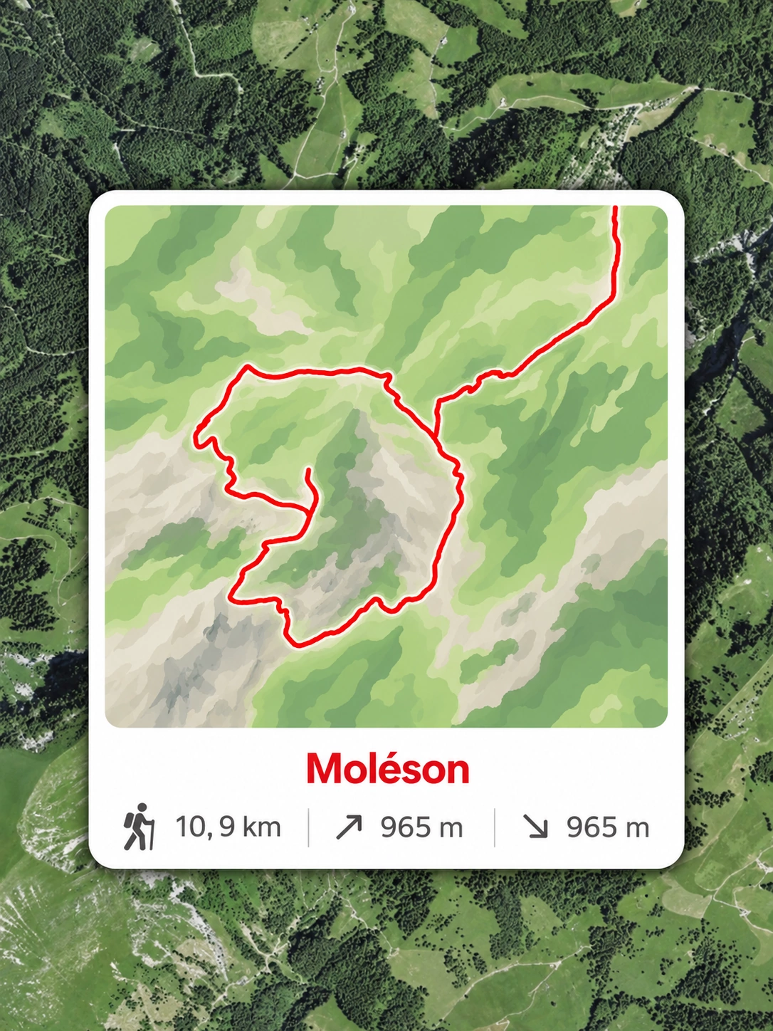Randonnée au Moléson depuis Moléson-sur-Gruyères Carte de la randonnée au Moléson depuis Moléson-sur-Gruyères, avec le parcours en rouge et un embranchement vers le sommet.