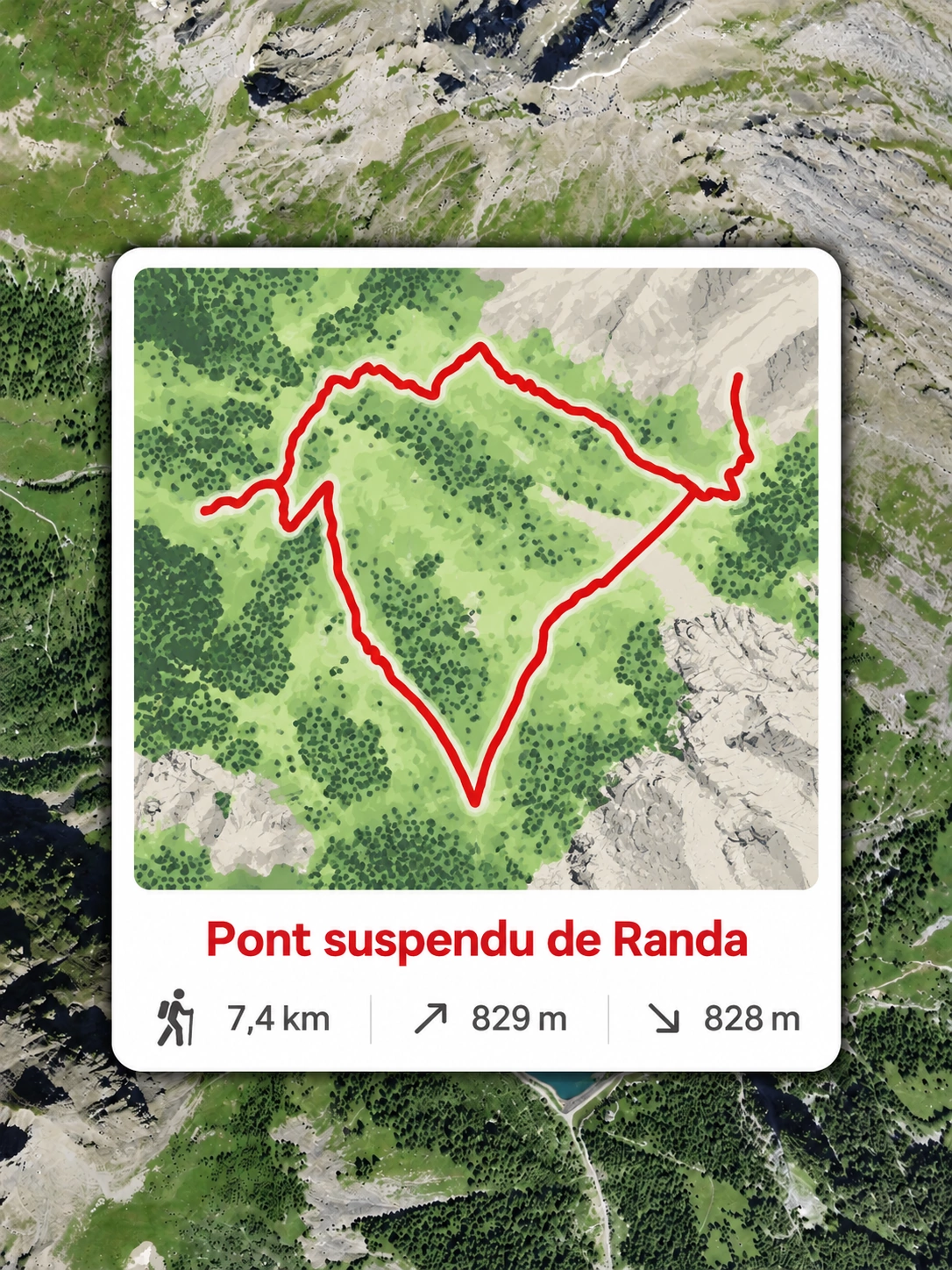 Randonnée au pont suspendu de Randa — Parcours depuis Randa Carte de la randonnée au pont suspendu de Randa, avec un parcours en boucle tracé en rouge sur un fond de forêts et de zones rocheuses.